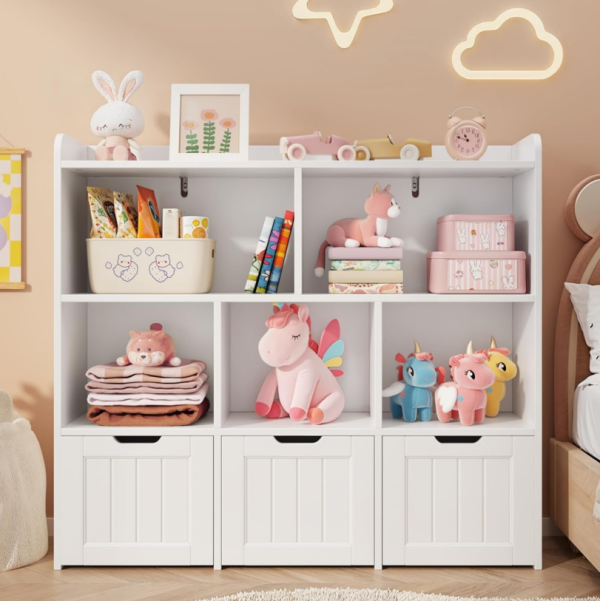 Anti-tipping children's toy storage bookshelf with movable drawers